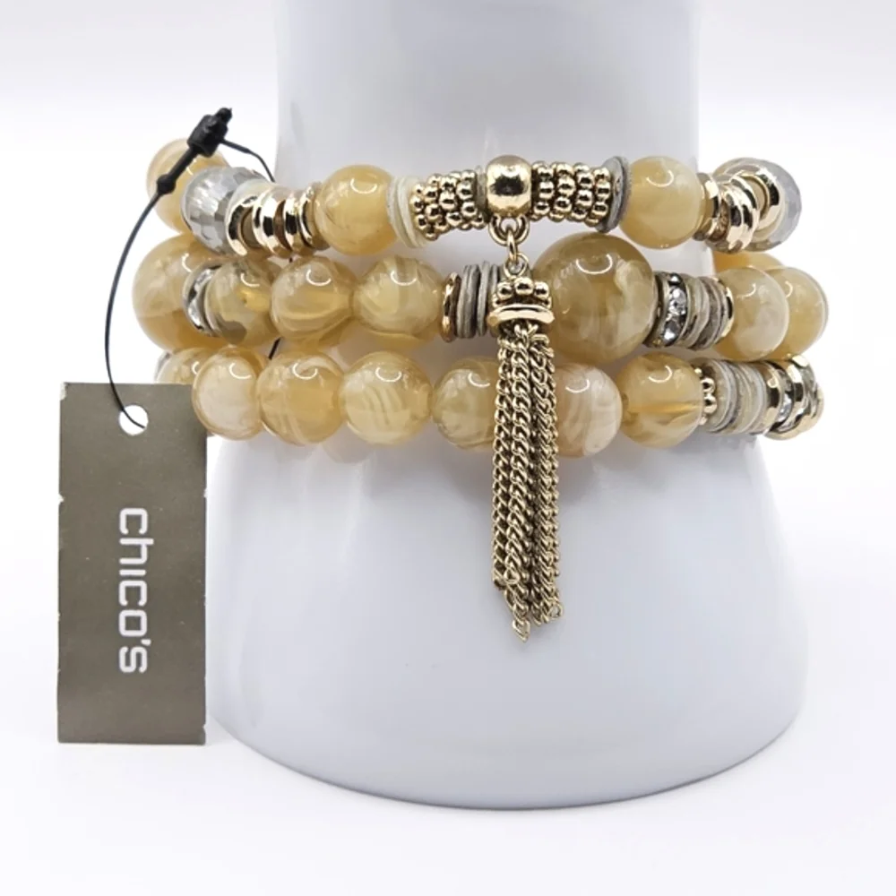 CHICO'S Vinia Tan and Gold Beaded Stretch Bracelet Set